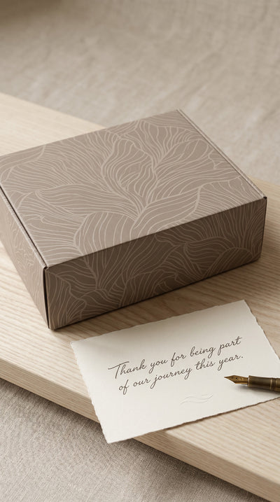 Custom branded Coral & Clay gift box in light grey with embossed design on a wooden surface with a card and pen.