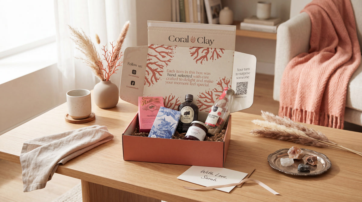 Een open Coral & Clay cadeaubox met de inhoud en verpakking