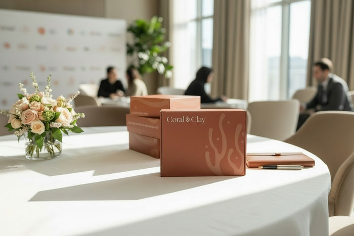 Coral & Clay product packaging on a table at an event with flowers and people in the background