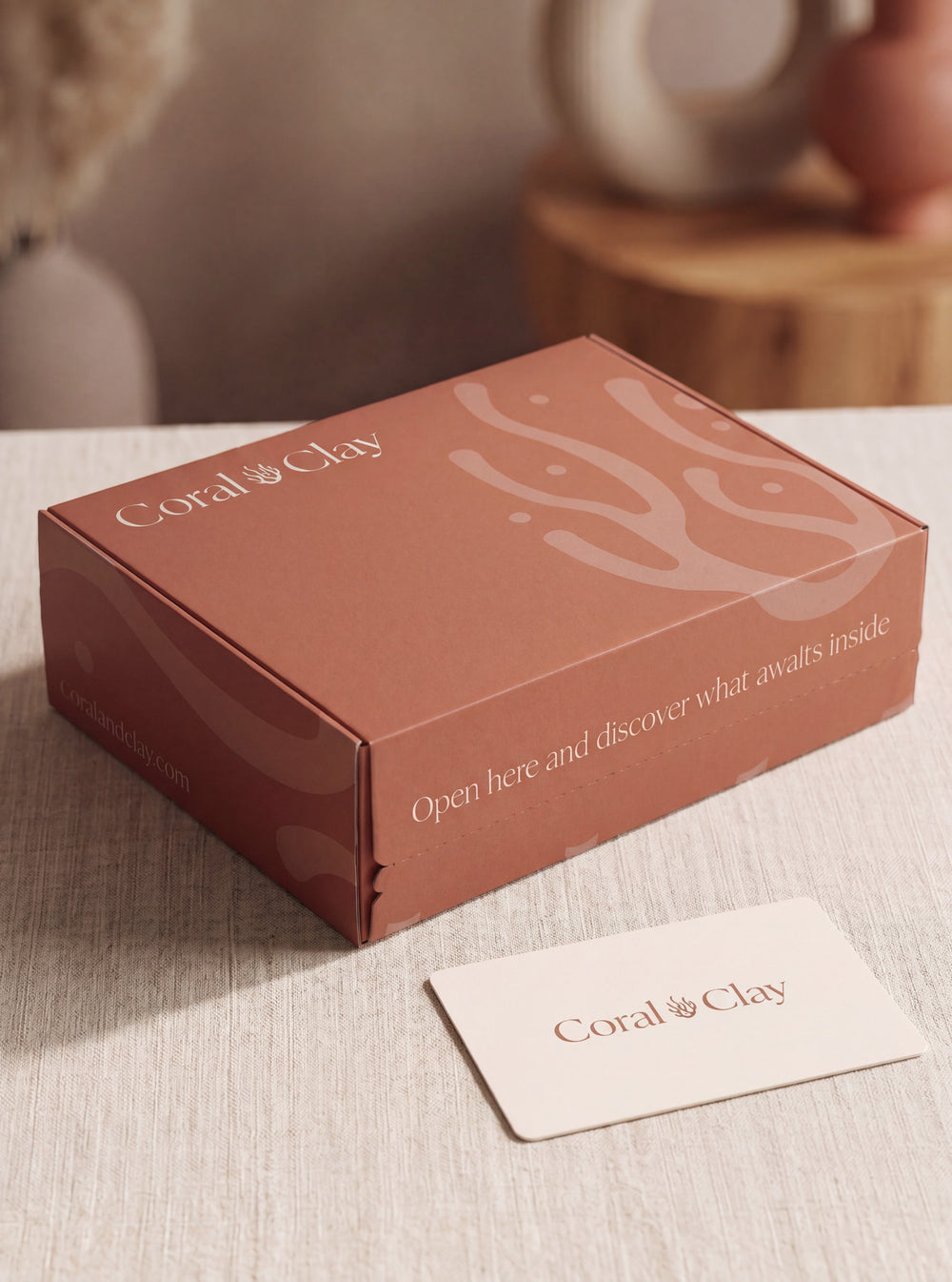 Coral Clay corporate gift product packaging on a neutral background