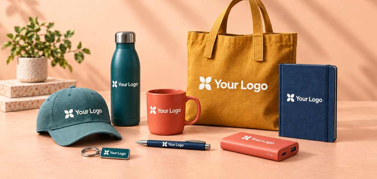 Corporate gifts with custom logos, including a tote bag, cap, drinkware, notebook, pen, keyring and power bank