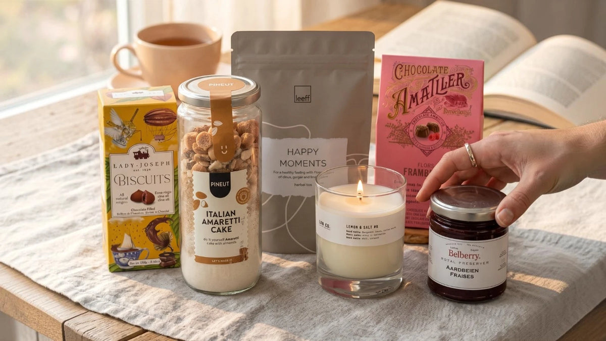 Build your own gift box with biscuits, amaretti cake mix, herbal tea, raspberry chocolates, a candle and strawberry jam