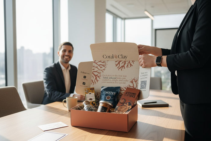 Client opening a gift box with 'Coral & Clay' branding in an office setting.
