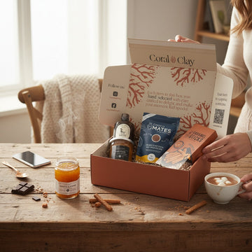 Lifestyle image featuring Coral & Clay For Colleagues gift box on a rustic wooden table, filled with gourmet treats including chocolate sticks, artisan snacks, and a bottle of specialty syrup, styled with a steaming cup of hot chocolate & cinnamon sticks