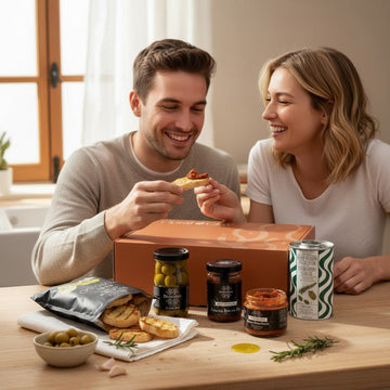 Lifestyle image featuring Coral & Clay For Couples gift box on a light wooden table, surrounded by gourmet items including olives, breadsticks, tapenade, and artisan spreads, styled in a cozy kitchen setting with natural light.