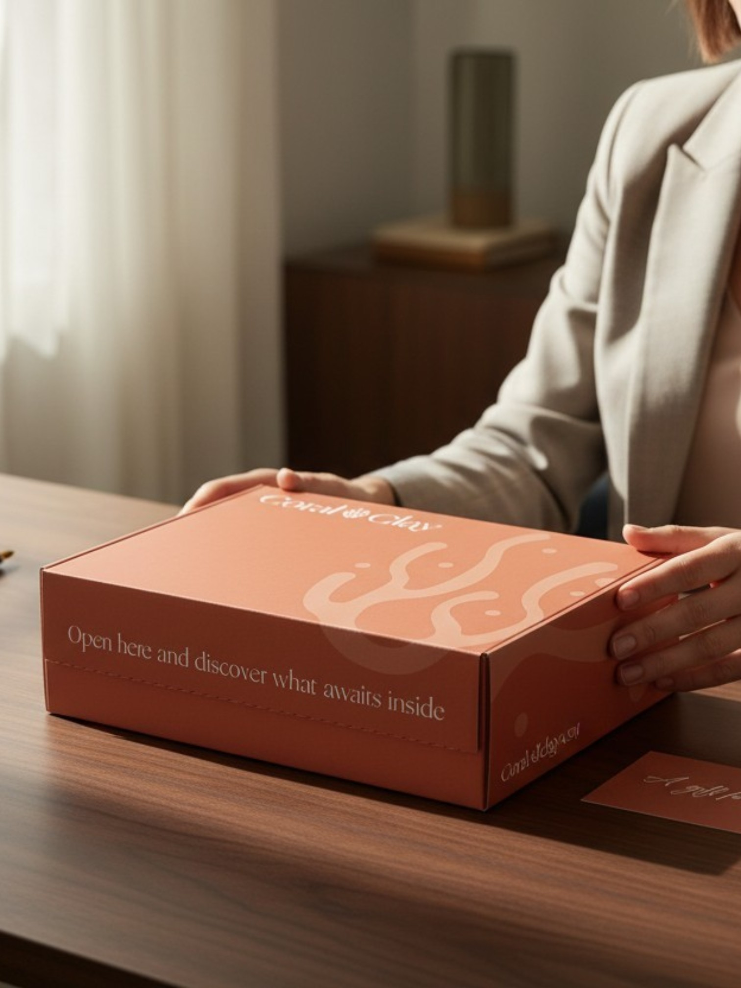 Executive opening a premium Coral & Clay corporate gift box