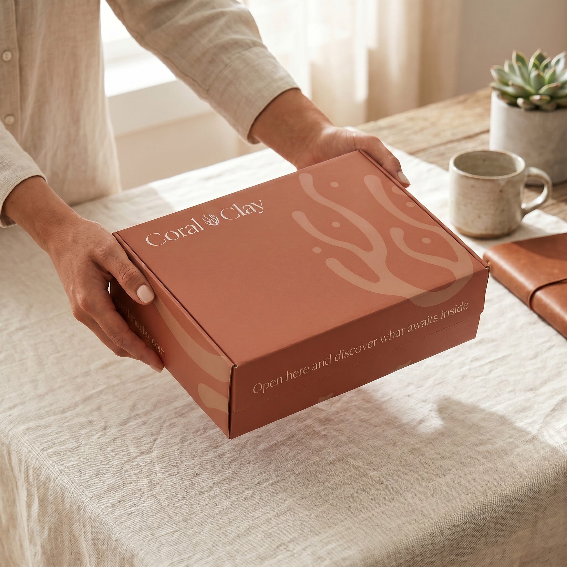 Person holding a Coral & Clay Signature Gift box on a table with a cup and plant in the background