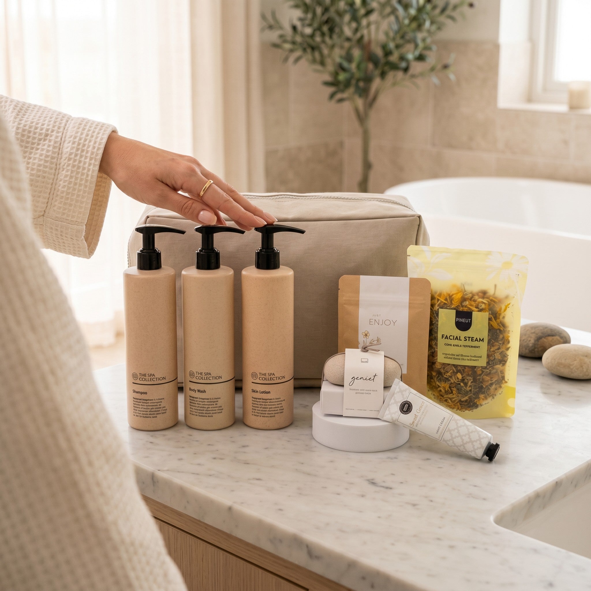 Person reaching for a bottle of skincare product on a bathroom counter with various skincare items.