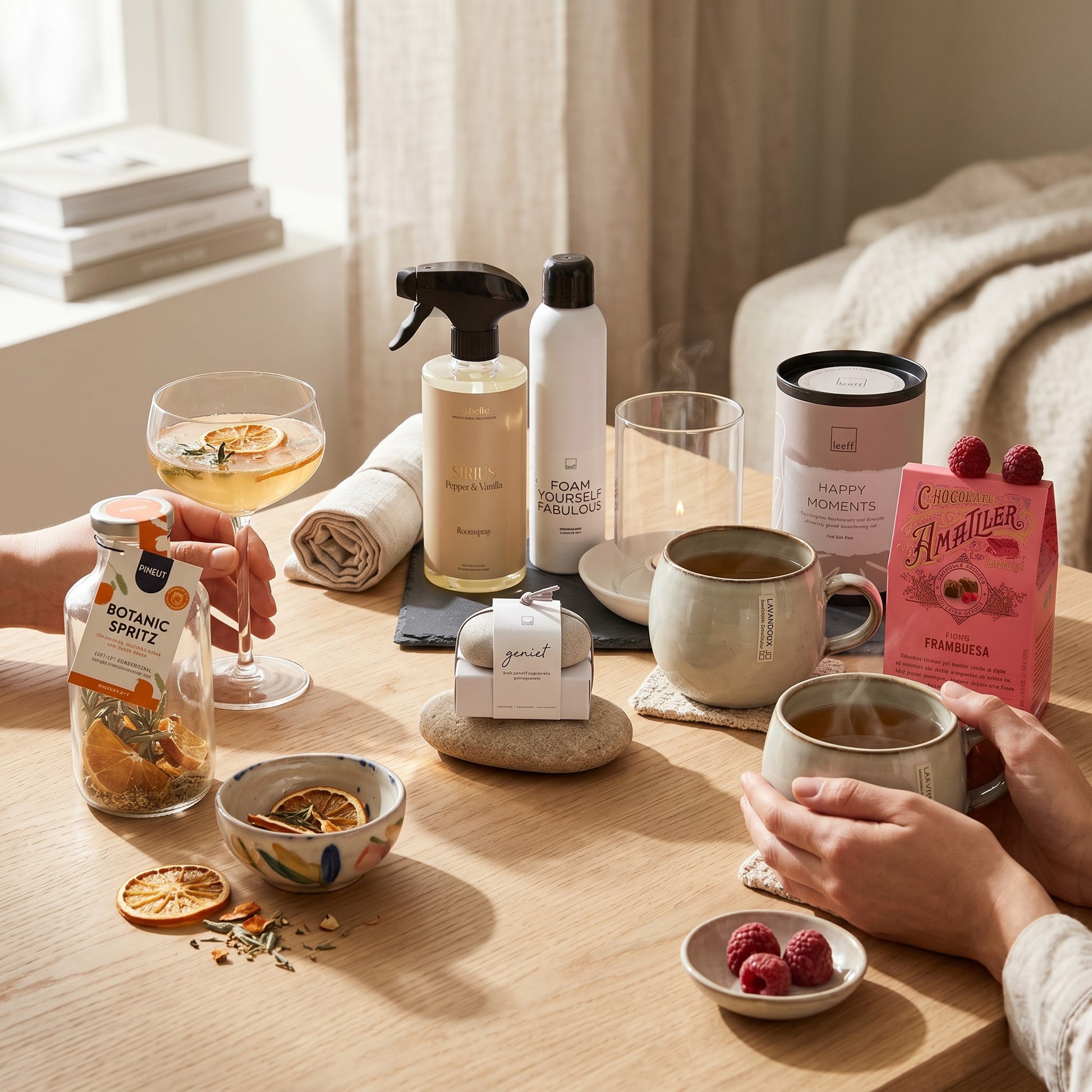 Table setting with drinks, snacks, and cleaning products in a cozy room.