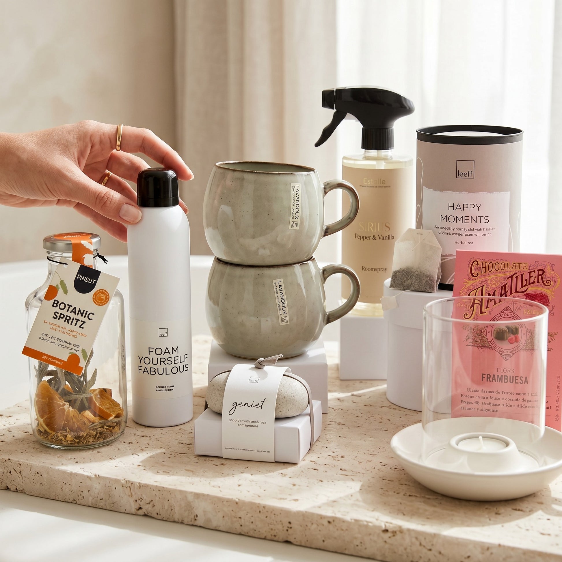 Collection of self-care products including mugs, bottles, and candles on a surface.