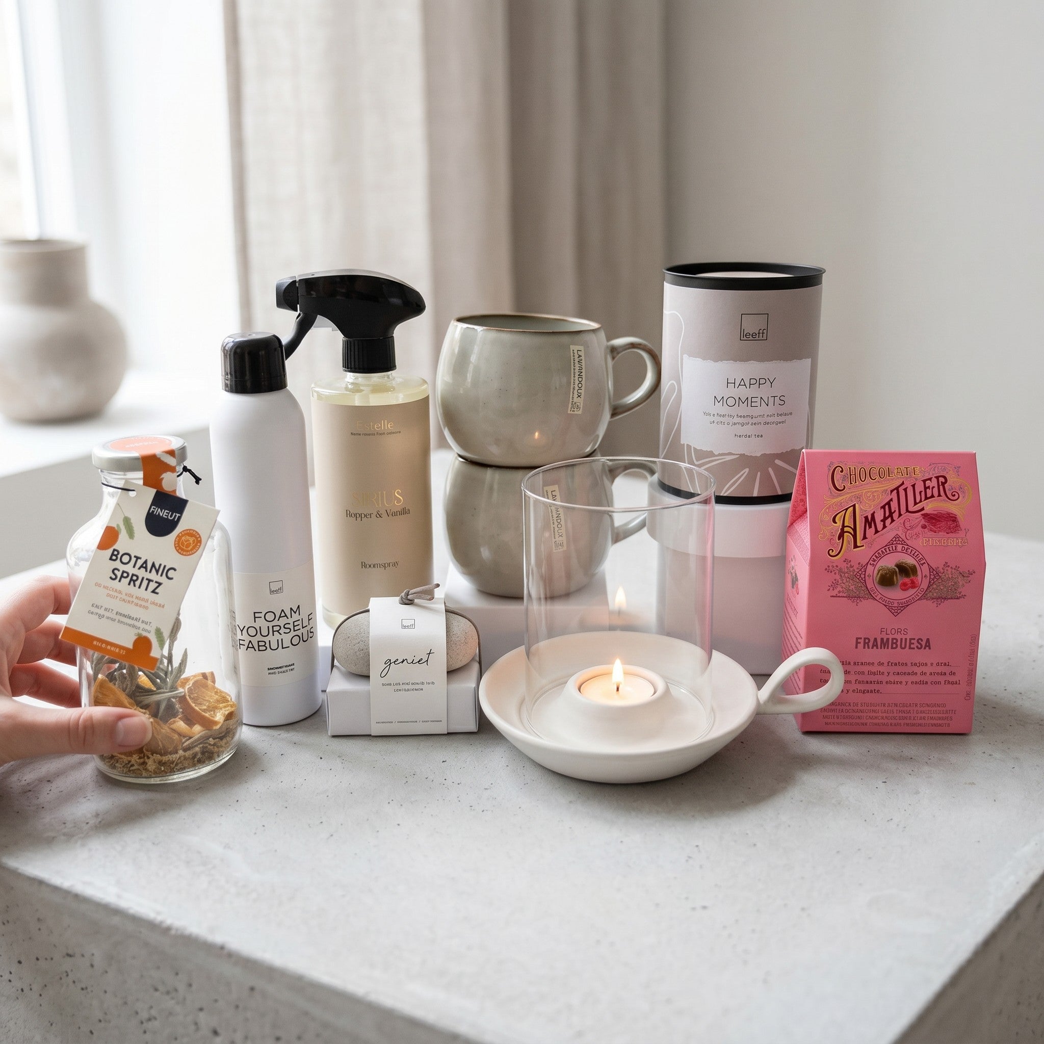 Collection of products including a bottle, cups, and a candle on a surface with a neutral background.
