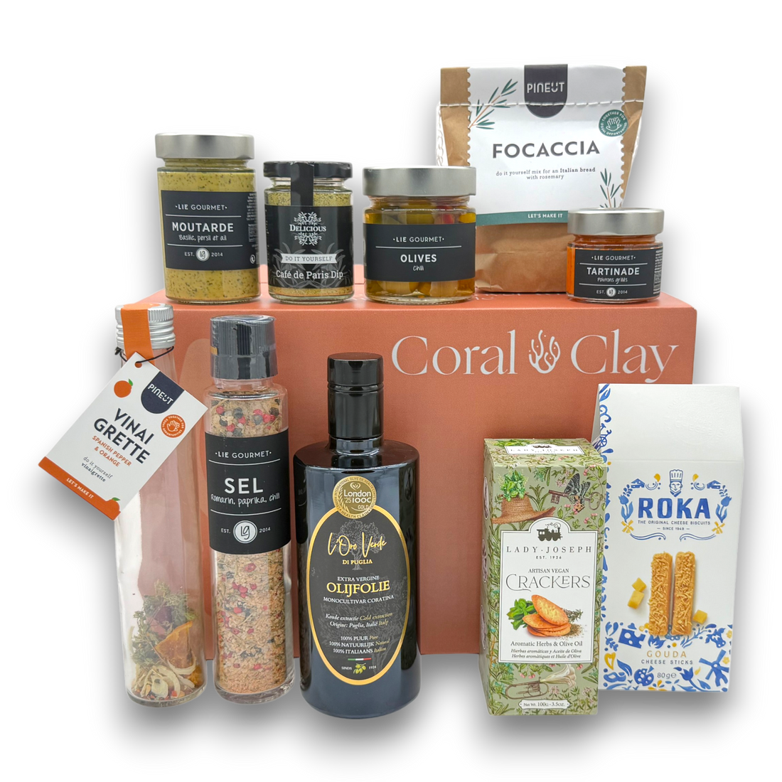 Grand Gourmet Gift Box with olive oil, focaccia and aperitivo bites by Coral & Clay
