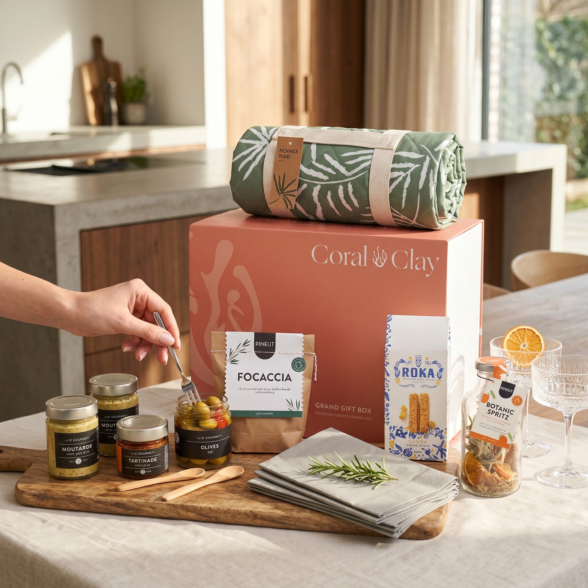 Gourmet Picnic Grand Gift staged with focaccia bread mix, grilled red pepper tapenade, basil parsley garlic mustard, chili olives, Gouda cheese sticks, botanic spritz mocktail, napkins and picnic blanket.