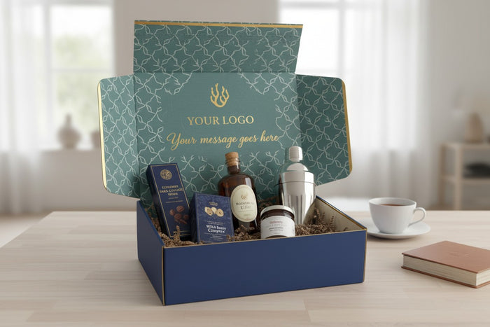 Custom branded Coral & Clay gift box with gourmet items inside on a wooden table.