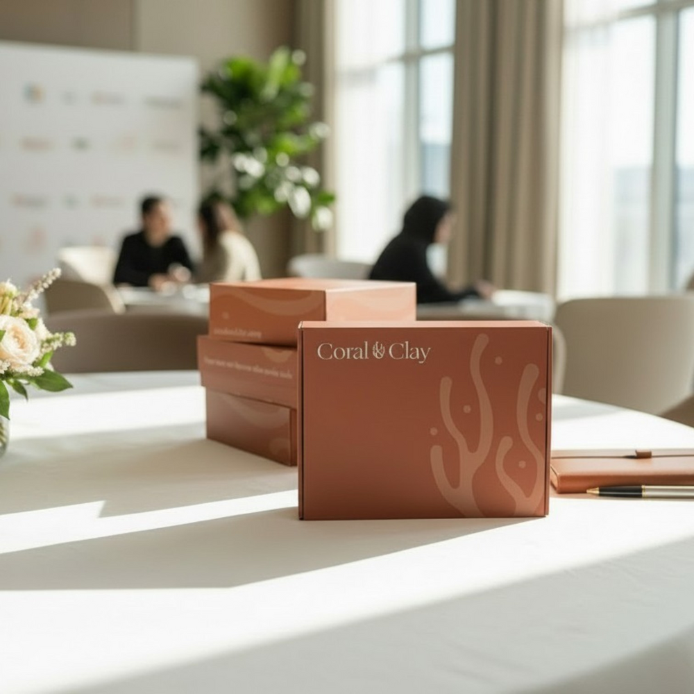 Coral & Clay gift boxes on a table in a corporate event location