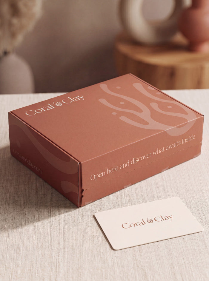 Coral Clay corporate gift product packaging on a neutral background