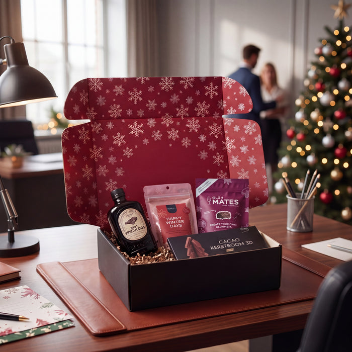 Custom branded Coral & Clay Gifting basket with snacks and a bottle on a desk with a Christmas tree in the background