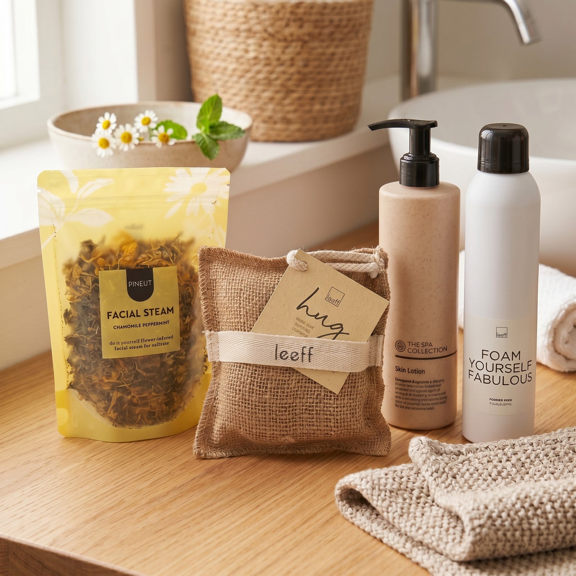 Bath products including a facial steam pack, loofah, and bottles on a wooden surface.