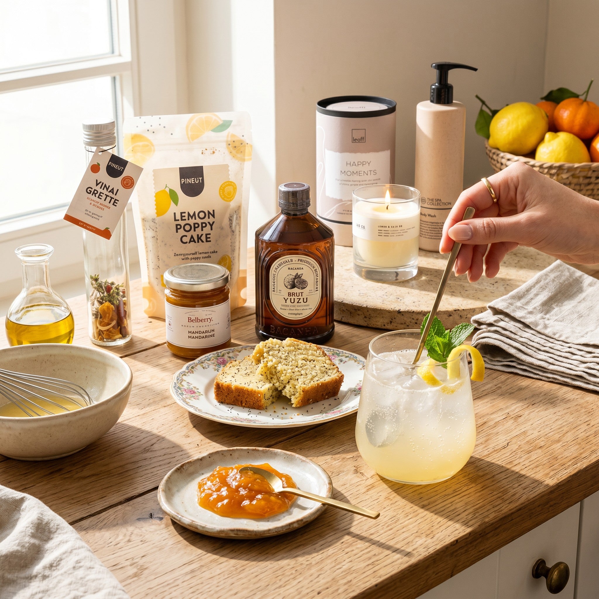 Citrus Zest Signature Gift kitchen scene with yuzu syrup, bergamot body wash, ginger lemongrass tea, mandarin marmalade, lemon poppy cake mix, pepper & orange vinaigrette and lemon salt candle.