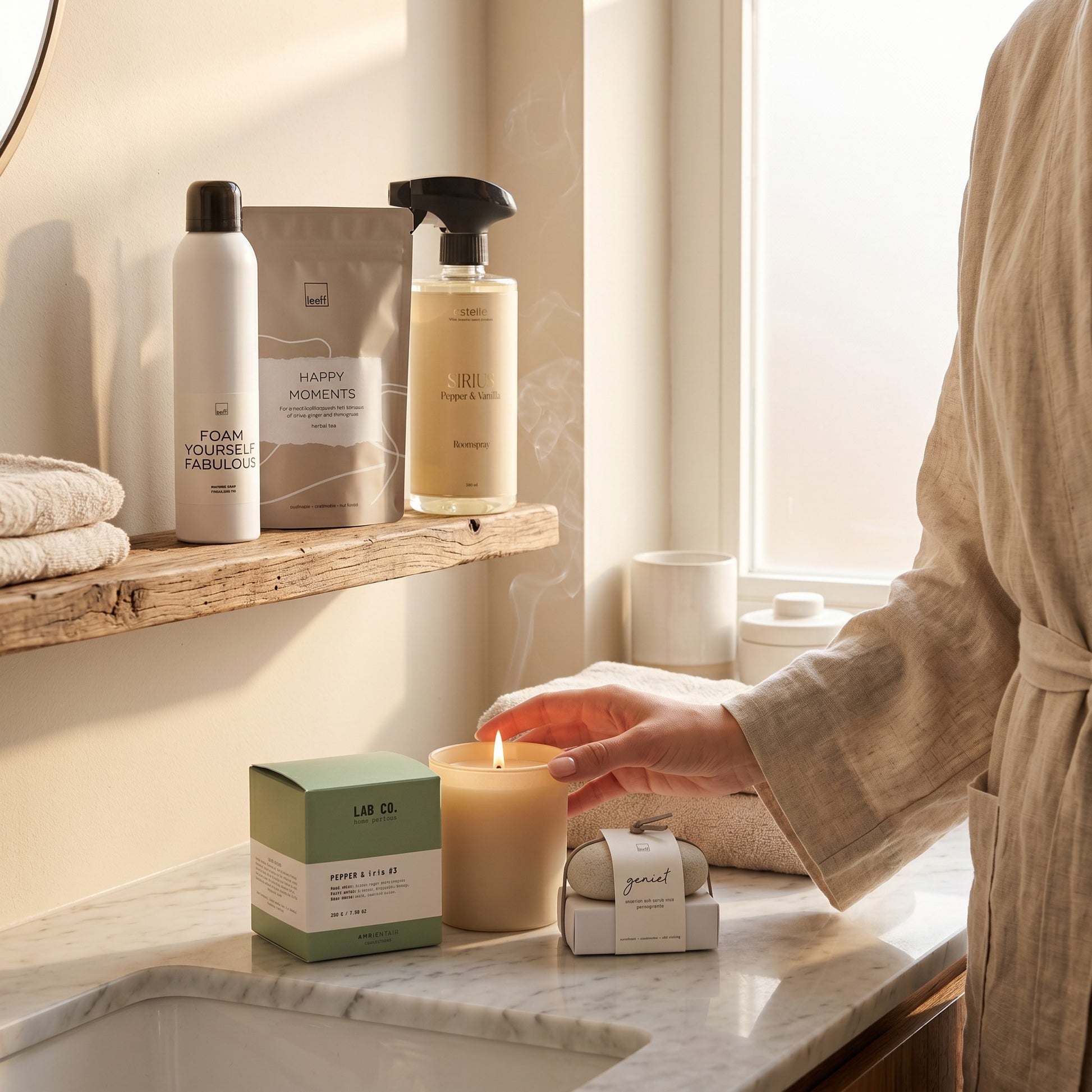 Feel Good Signature Gift Contents set in a bathroom.