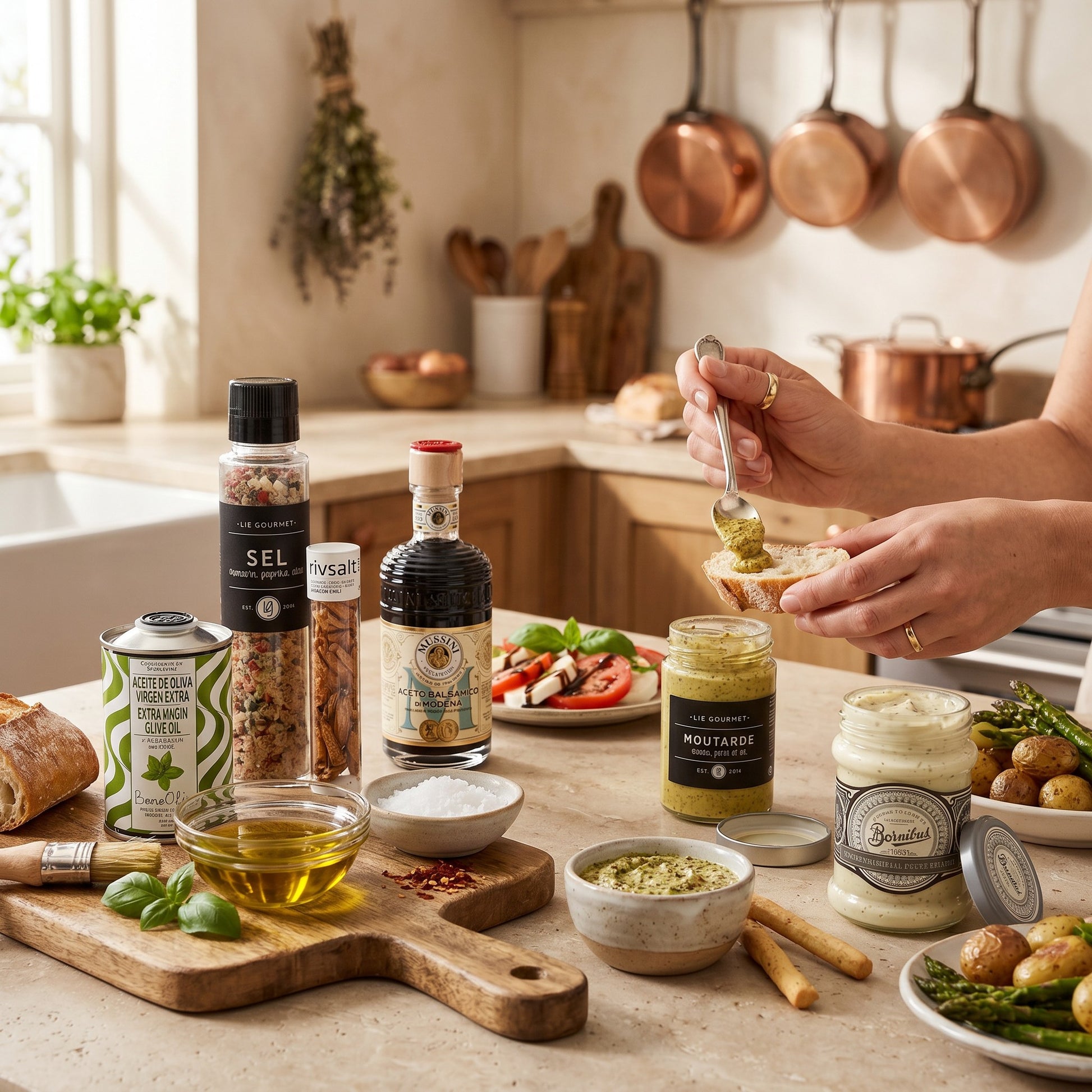 Person preparing food in a kitchen with various ingredients and utensils on the counter.