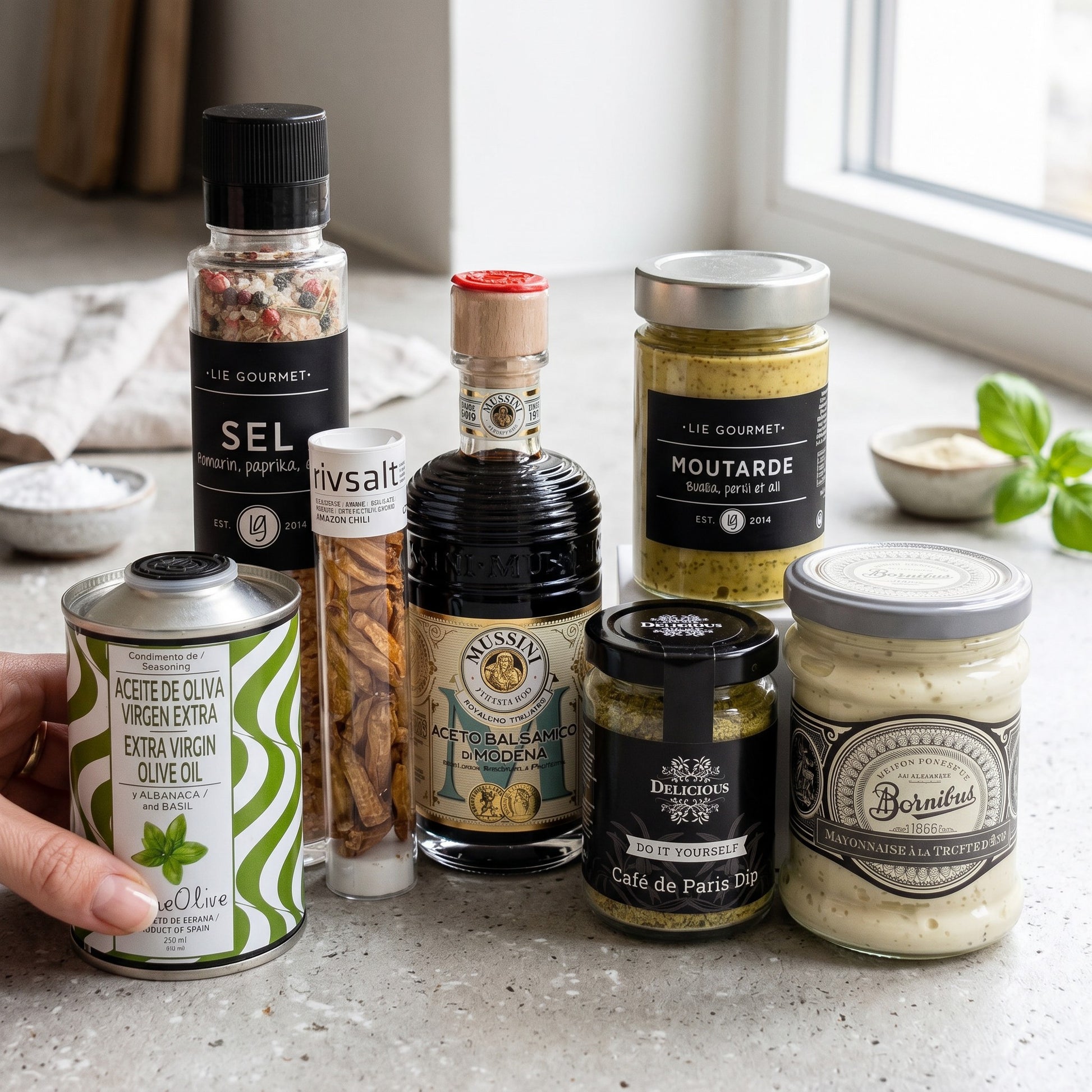 Collection of gourmet food items including olive oil, mustard, and salt on a kitchen counter.