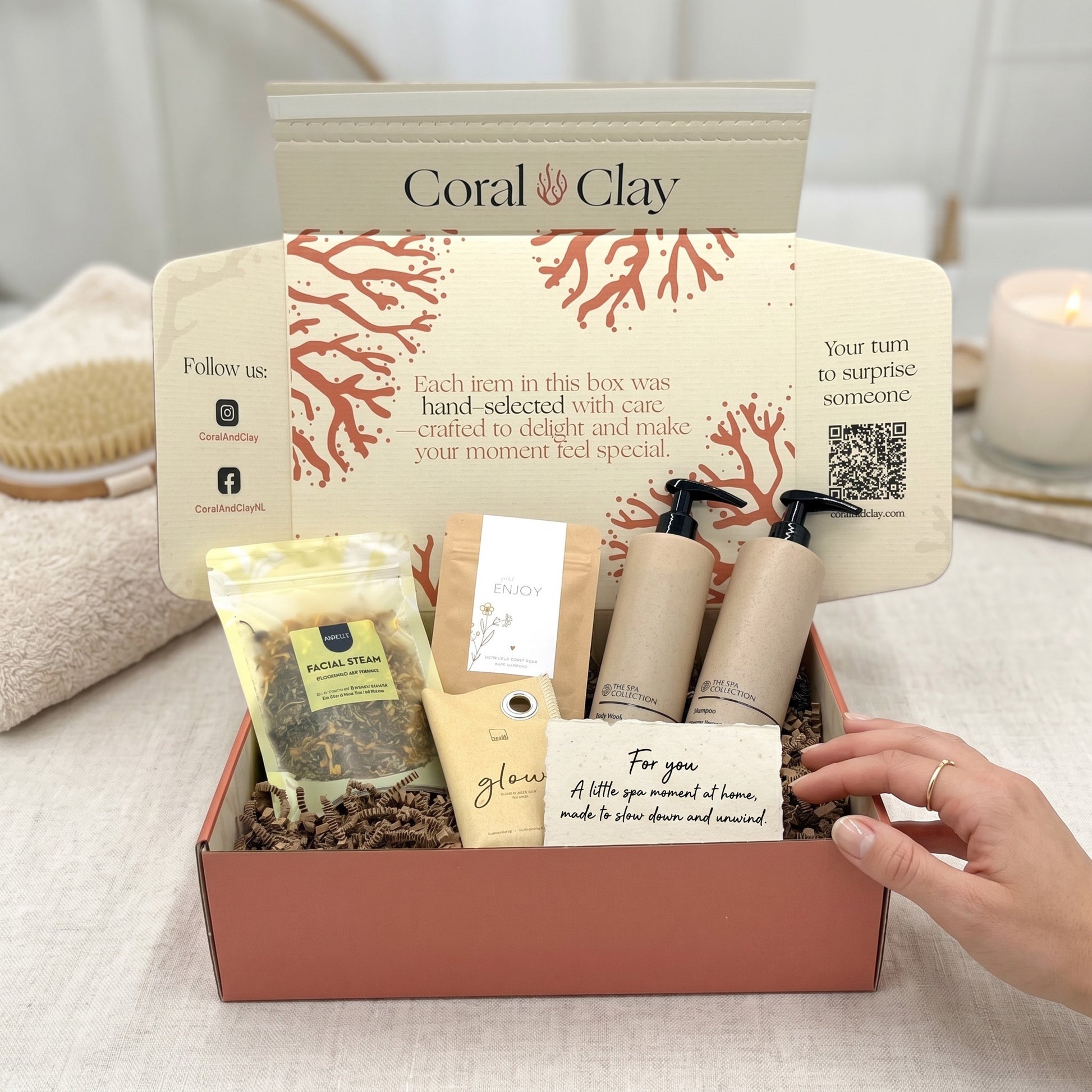 Home Spa Signature Gift staged shot with coffee scrub soap bar, chamomile peppermint facial steam, foot bath salts, Spa Collection body wash and shampoo.