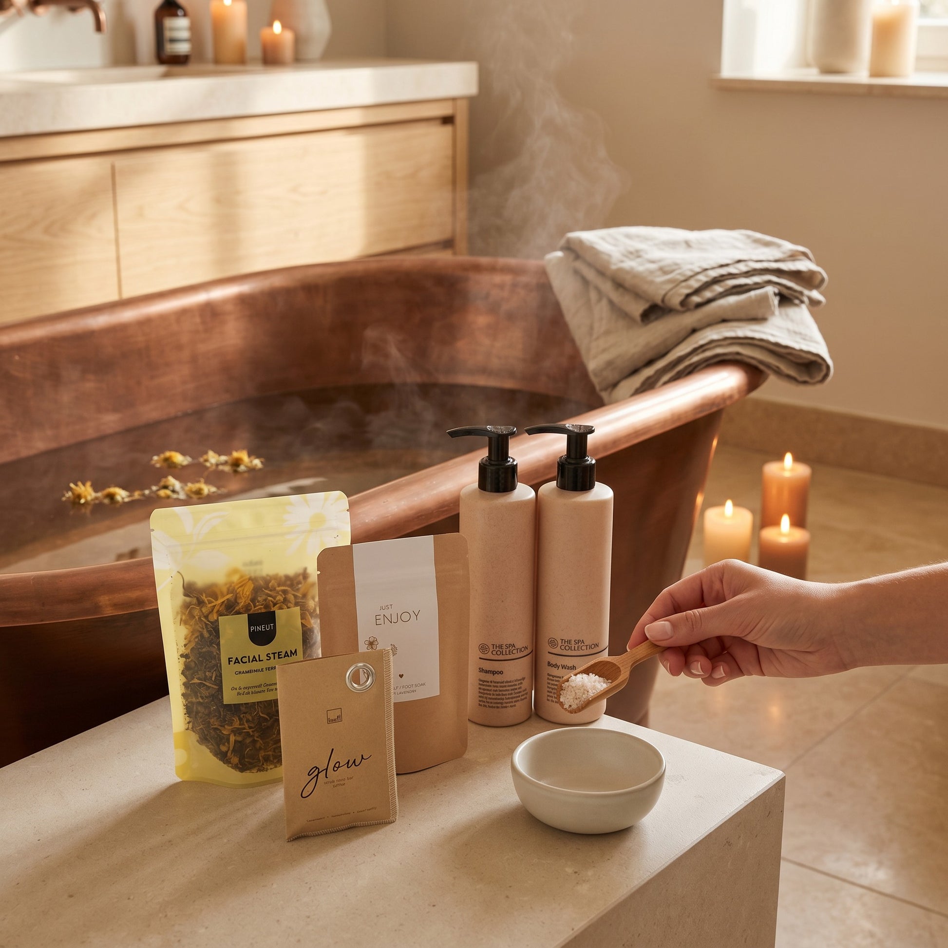 Home Spa Signature Gift bathroom scene with steaming bathtub, candles and the coffee scrub soap bar, chamomile peppermint facial steam, foot bath salts, Spa Collection body wash and shampoo.