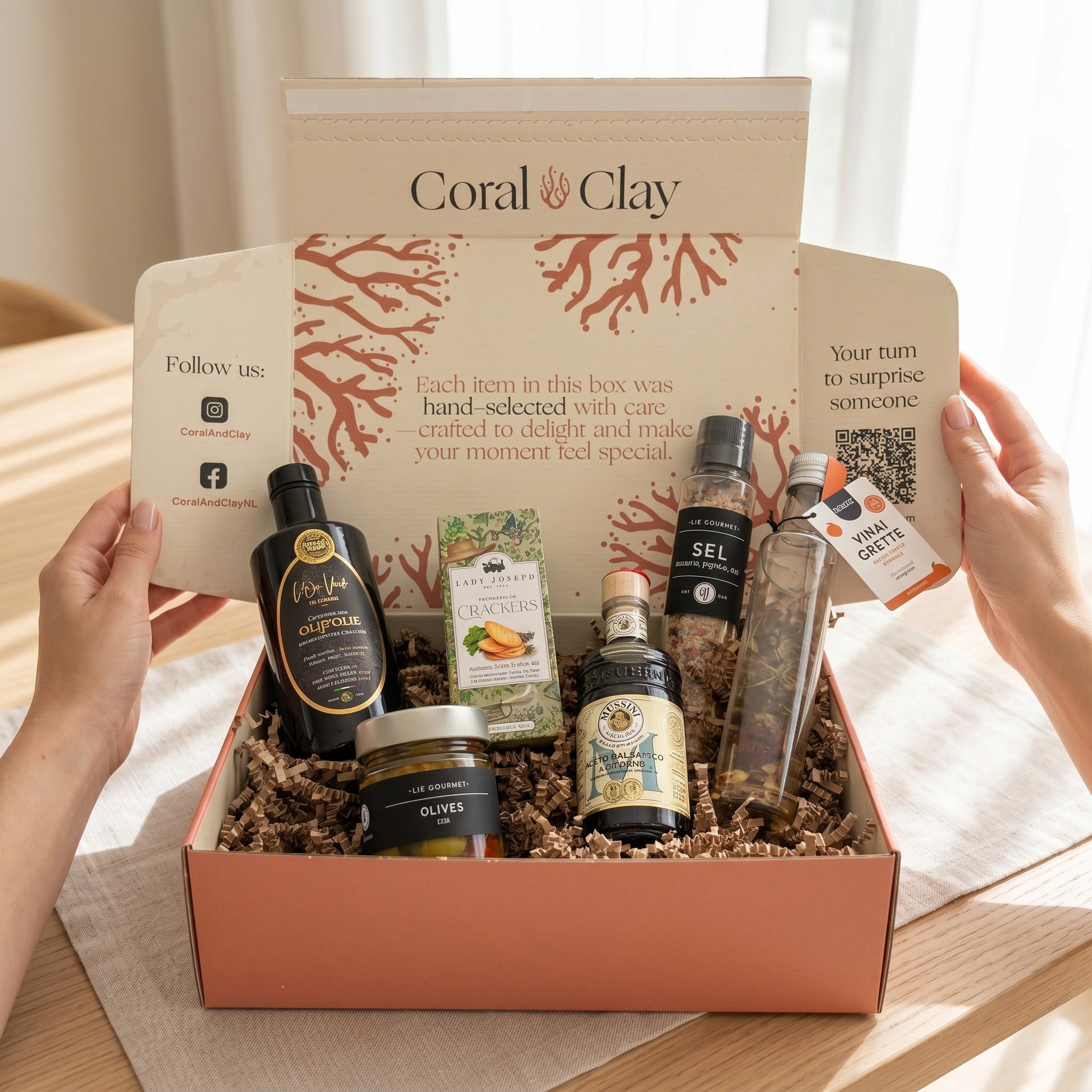 Gourmet gift box with various items on a wooden surface, featuring the brand 'Coral Clay'.