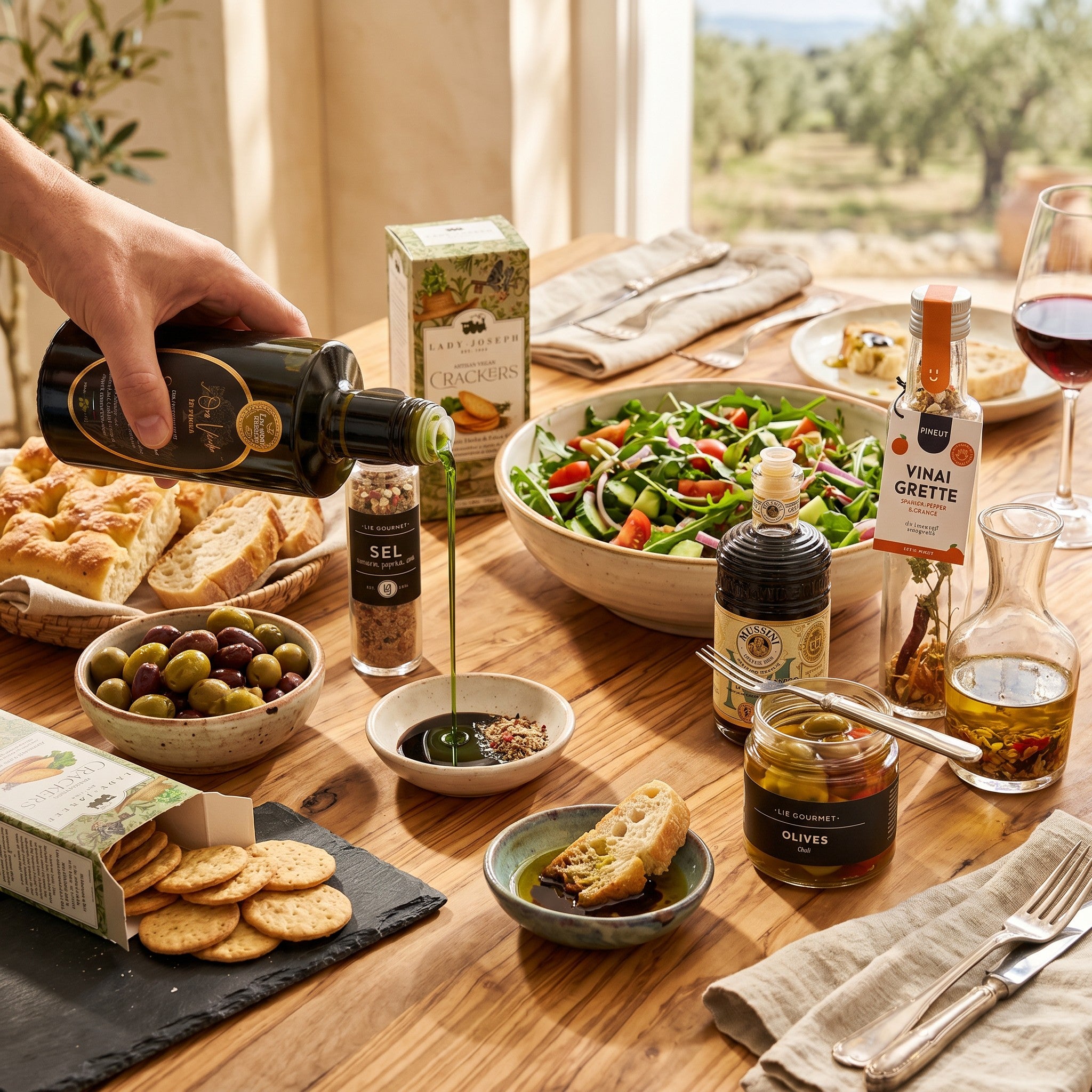 Person pouring olive oil over a salad on a wooden table with various olive products.
