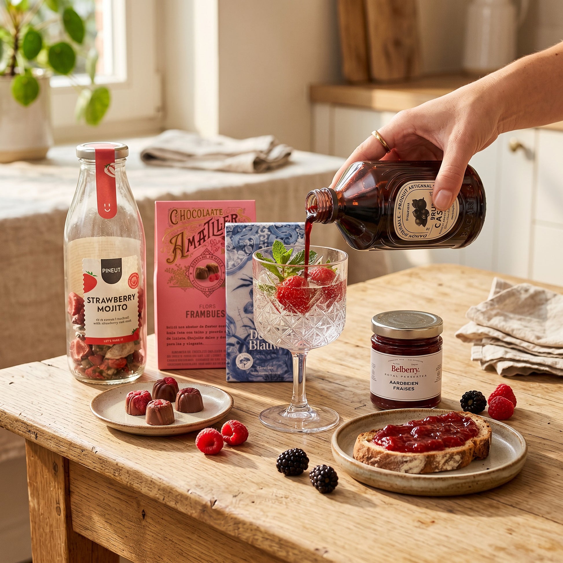 Coral & Clay Very Berry Signature Gift — Chocolate & Cassis lifestyle shot featuring Pineut Strawberry Mojito cocktail bottle, Amatller milk chocolate raspberry pralines, Delfts Blauw blueberry chocolate bar, Belberry strawberry extra jam, Bacanha organic blackcurrant syrup and fresh blueberries.