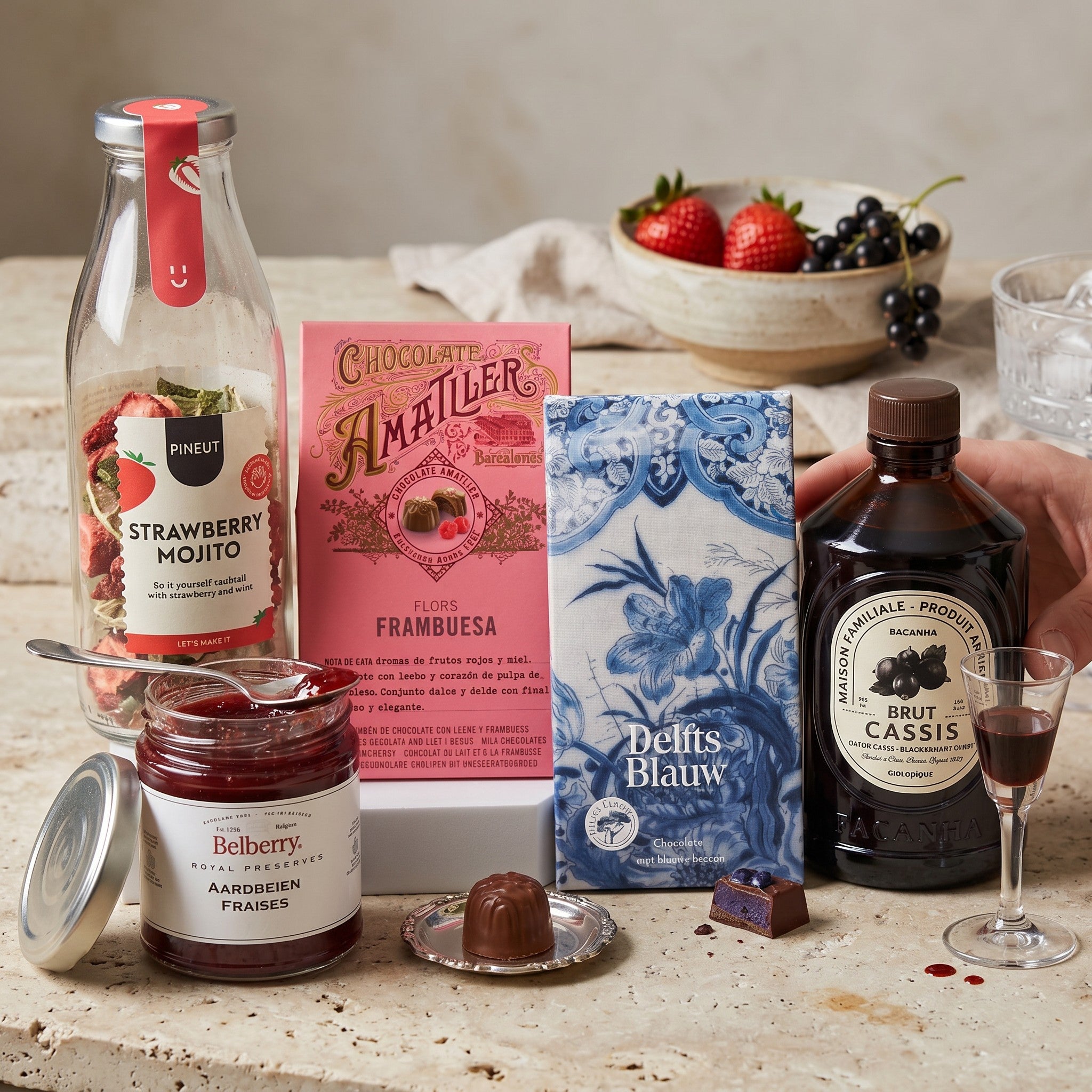 Coral & Clay Very Berry Signature Gift — Chocolate & Cassis product flat lay with Pineut Strawberry Mojito cocktail mix bottle, Bacanha organic blackcurrant syrup, Belberry strawberry extra jam, Delfts Blauw blueberry chocolate bar and Amatller milk chocolate raspberry pralines.