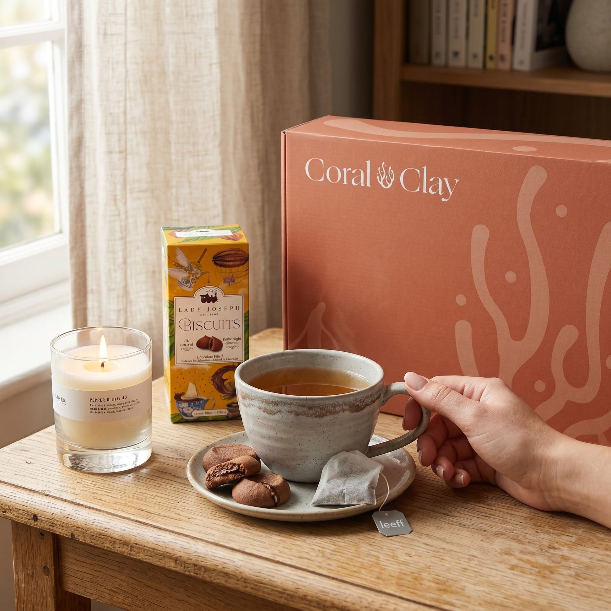 Person holding a cup of tea with a lit candle and cookies on a wooden table, Coral & Clay packaging in the background.