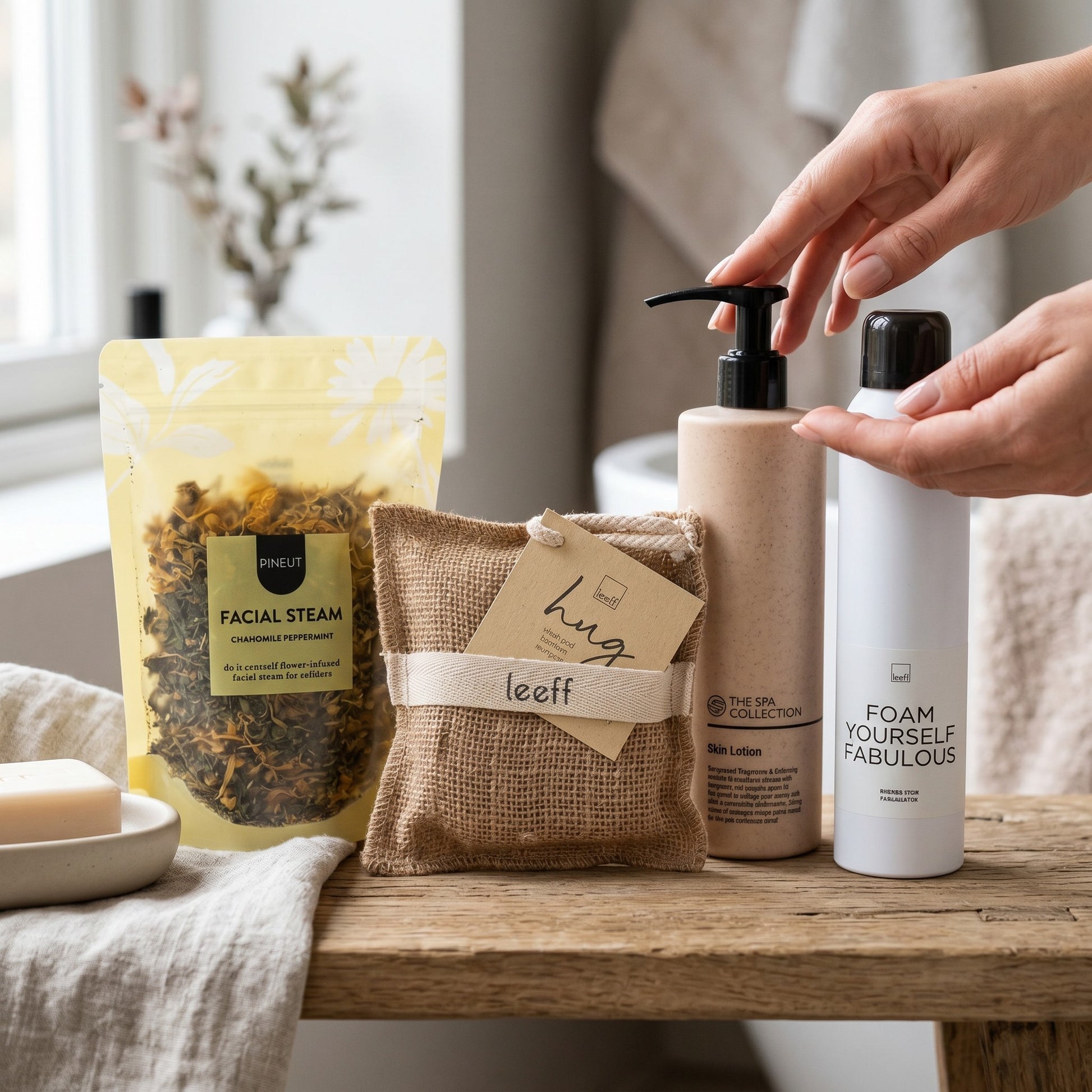 Hand reaching for a bottle of lotion on a wooden surface with various skincare products.