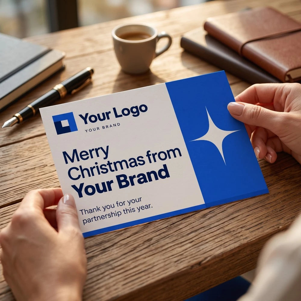 Blue and white branded corporate Christmas card with a custom logo and partnership thank-you message