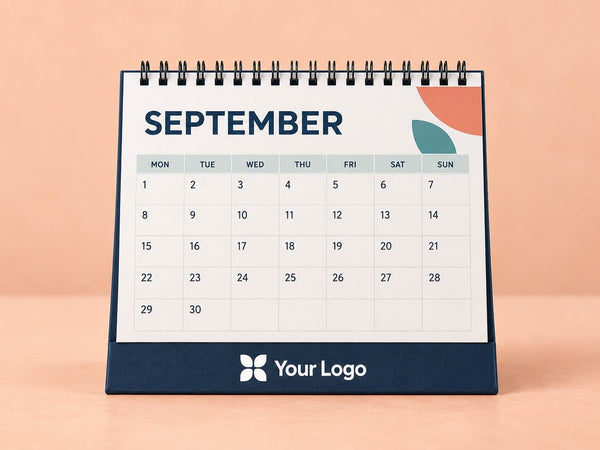Branded desk calendar showing September, with a navy base and white custom logo