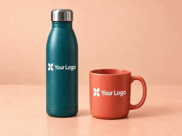 Branded teal water bottle and coral mug with white custom logo examples