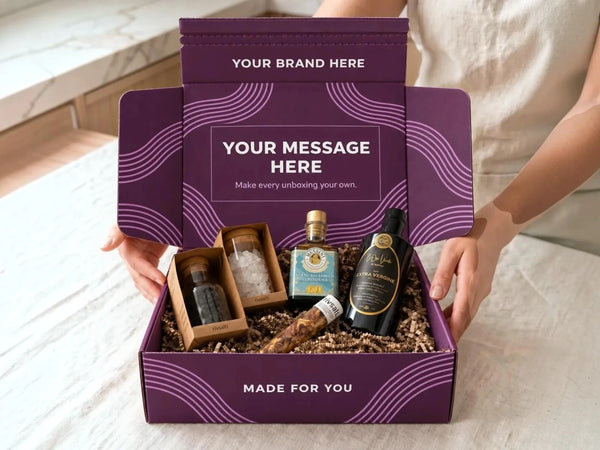 Purple branded gift box with a personalised inner lid, olive oil, balsamic vinegar, salts and spices