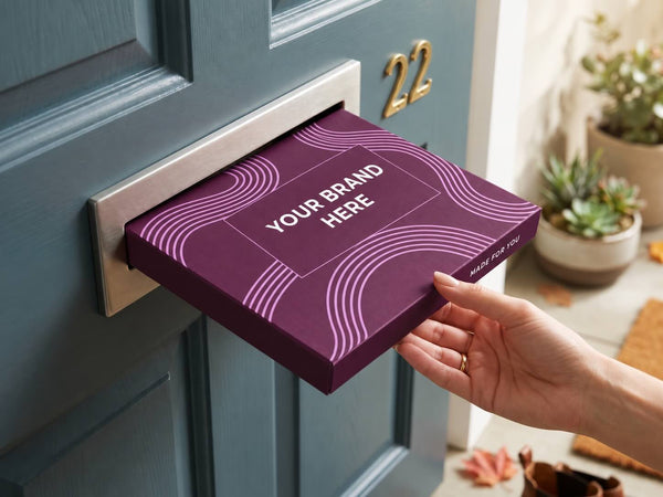 Purple branded letterbox gift box being delivered through a front door letter slot