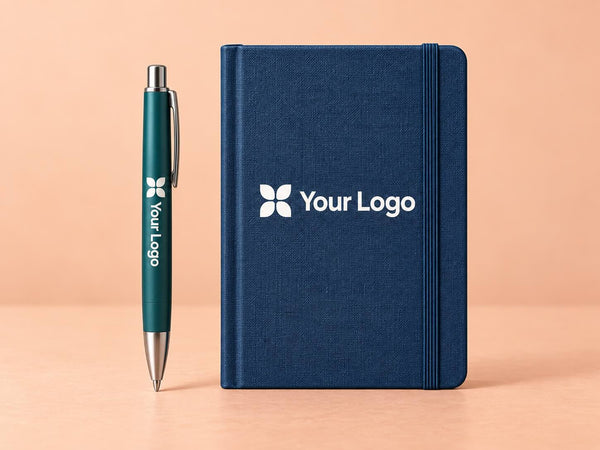 Branded navy notebook with elastic closure and teal pen, both displaying a white custom logo