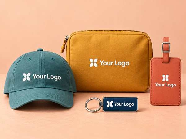 Branded travel accessories: teal cap, mustard zip pouch, coral luggage tag and navy keyring