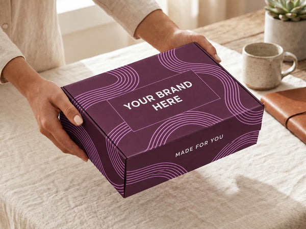 Signature branded gift box in purple with custom logo placement, held above a table