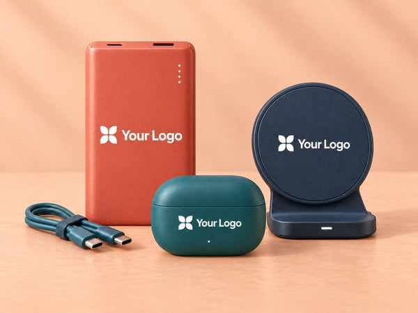 Branded tech gifts: coral power bank, teal earbuds case, navy wireless charging stand and USB-C cable