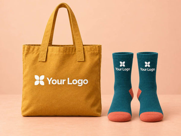 Branded mustard tote bag and teal socks with coral heels and toes, displaying white custom logos