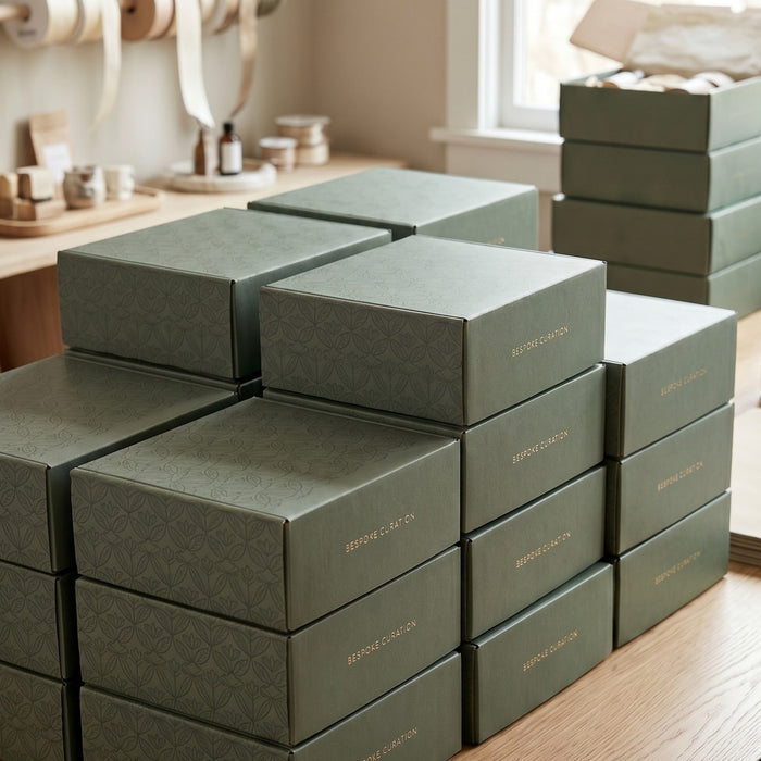 Stack of custom branded Coral & Clay gift boxes in green on a wooden surface.