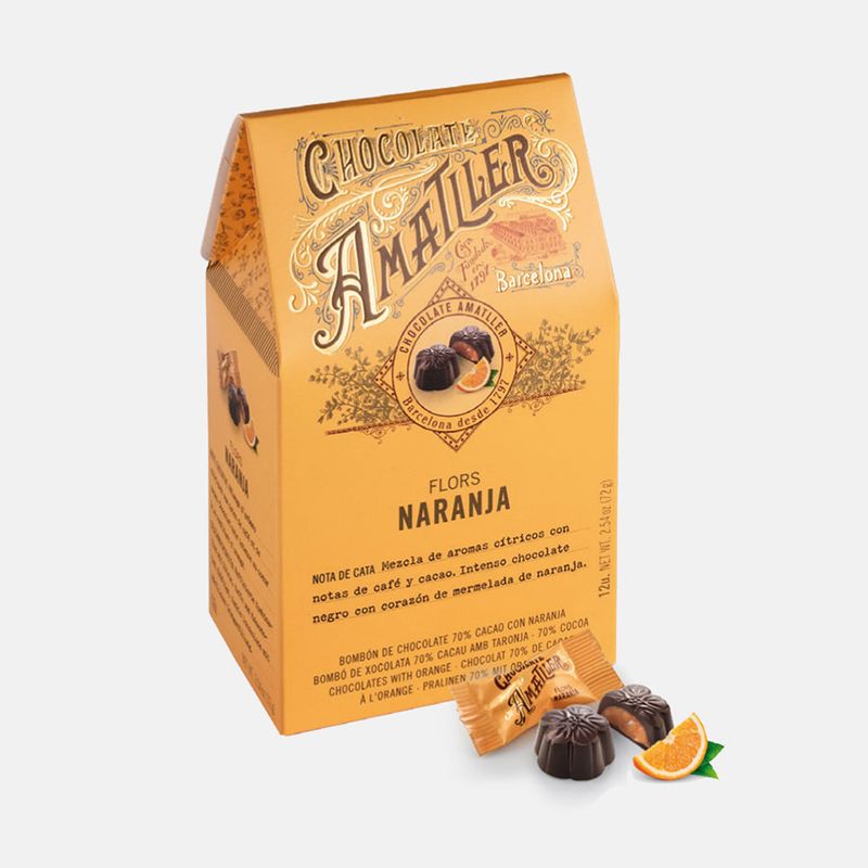 Amatller orange flower pralines — 70% dark chocolate, 72g box