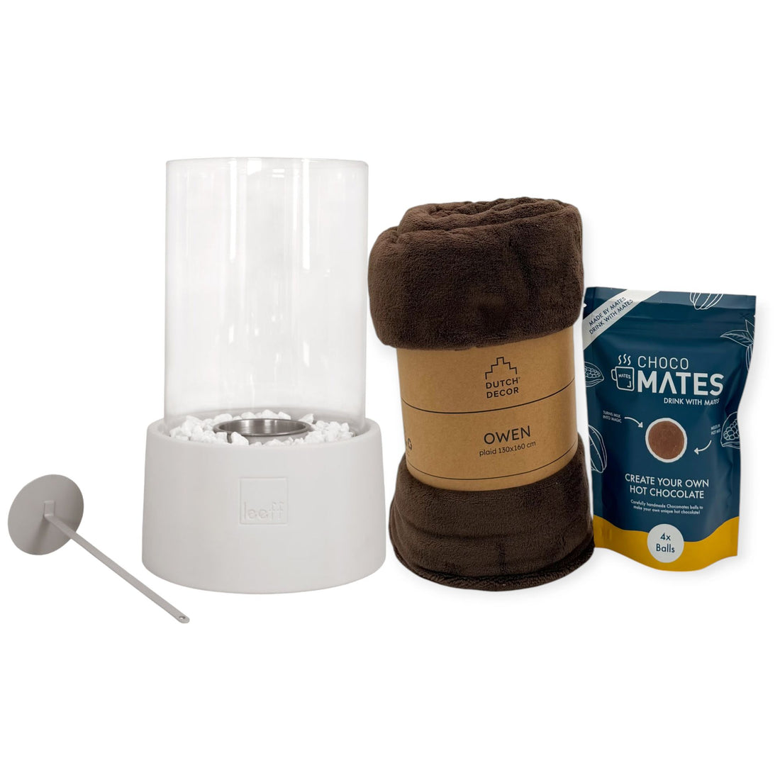 Coral & Clay grand gift box with a LEEFF tabletop fireplace, dark brown Dutch Decor Owen blanket and Choco Mates hot chocolate mix arranged neatly on top of the box against a clean white background.