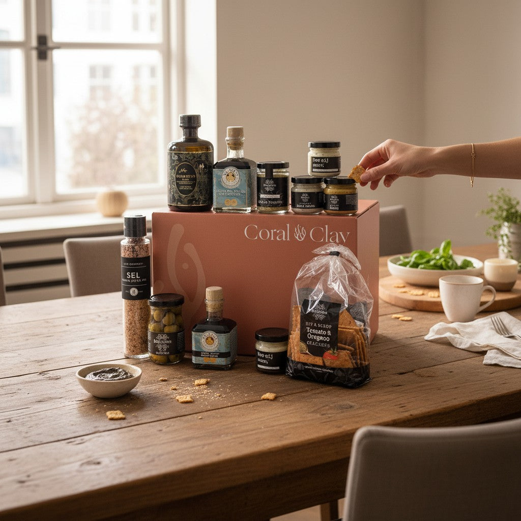 Coral & Clay Grand Gourmet Box displayed on a wooden dining table, surrounded by premium Italian and gourmet ingredients, with a hand reaching for a cracker and natural light coming through the window.