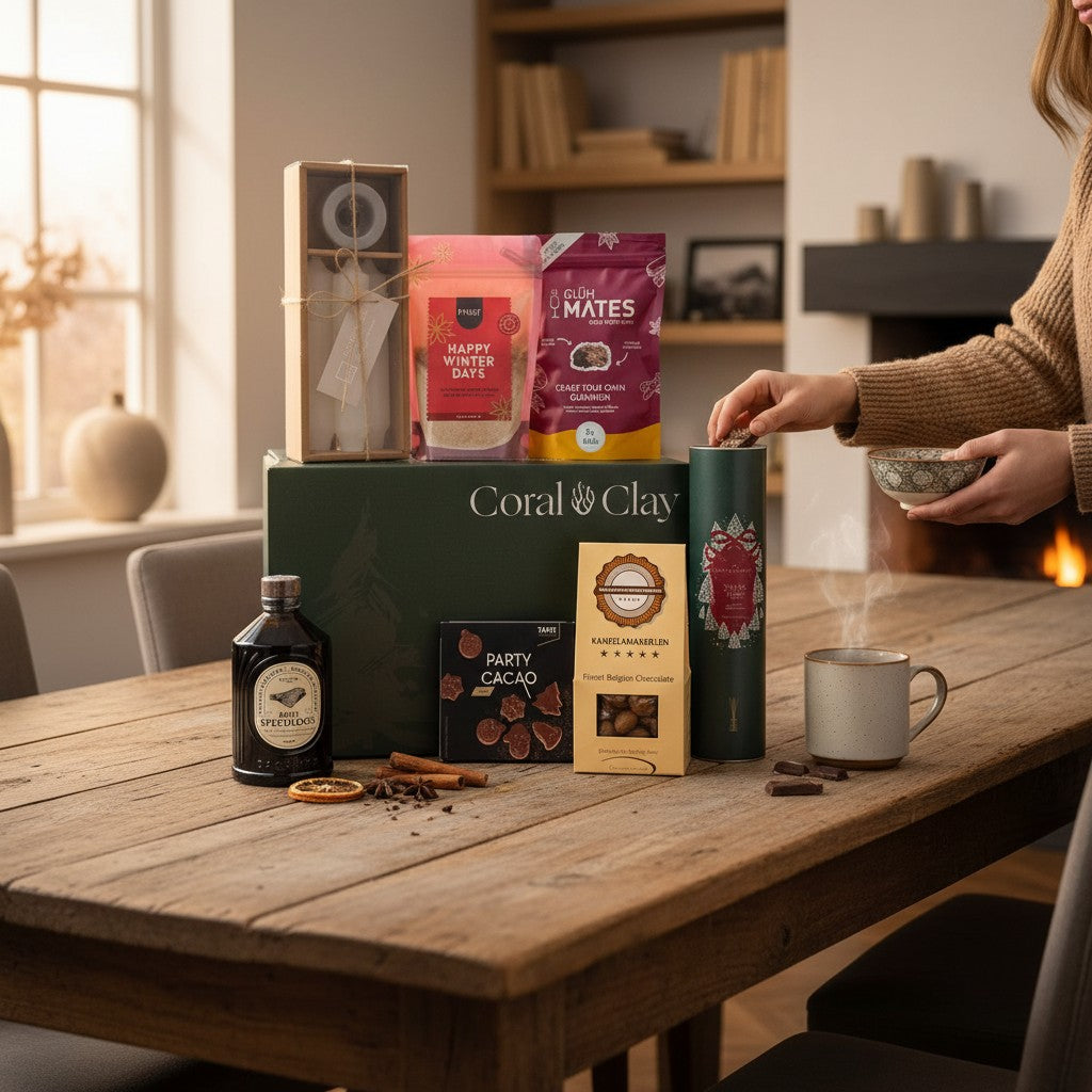 Lifestyle scene featuring the Coral & Clay Grand Happy Santa Gift Box displayed on a rustic wooden table. Winter treats—including speculoos syrup, hot chocolate mix, cinnamon almonds, wax candles, and festive cookies—are arranged alongside a steaming mug while someone sprinkles spices into their drink. A cosy room with soft lighting and a lit fireplace creates a warm Christmas atmosphere.