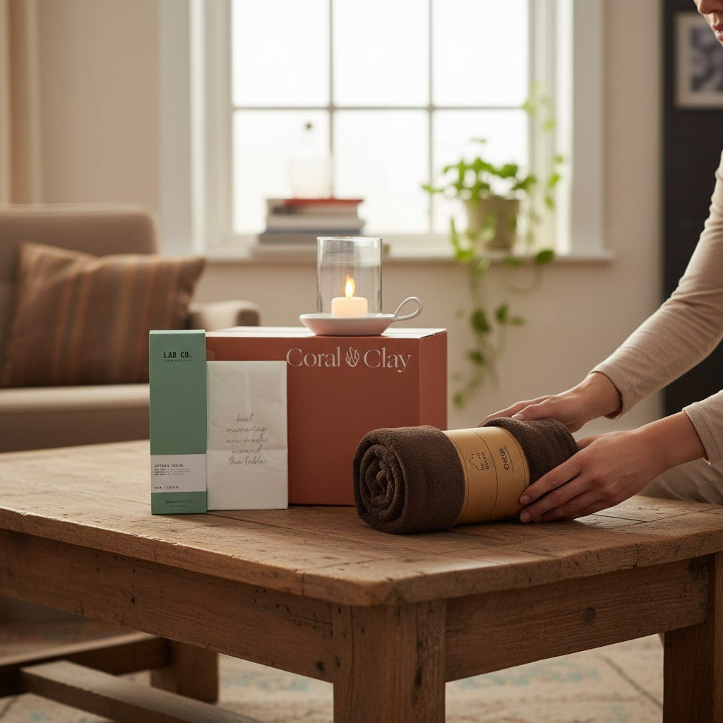 Lifestyle scene featuring the Coral & Clay Grand Hygge Gift Box displayed on a rustic wooden coffee table. A soft brown throw blanket, home perfume, and napkins are arranged beside a lit candle in a glass holder, while someone gently places the blanket. A cosy living room with warm lighting and a window backdrop enhances the hygge atmosphere.
